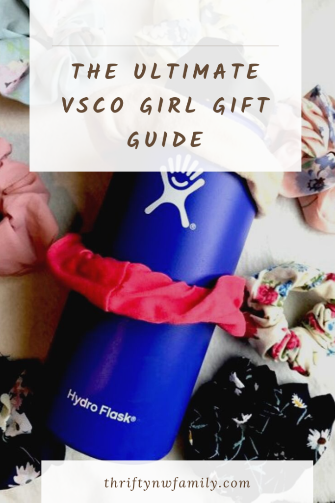 VSCO girl gift guide, hydroflask and scrunchies with a white background