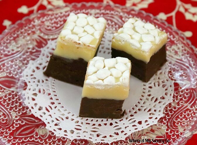 eggnog fudge topped with mini marshmallows
