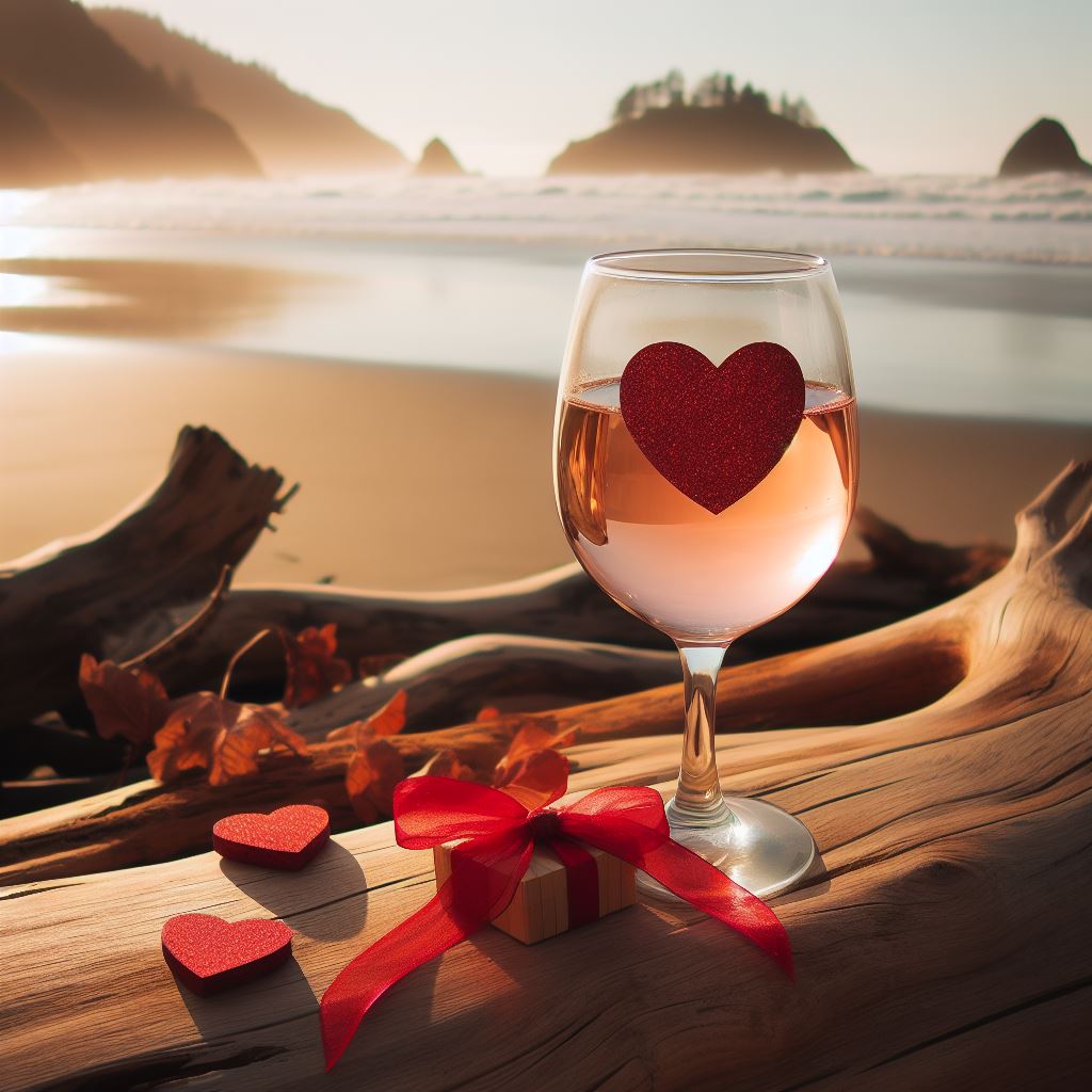 wine glass on the beach with hearts
